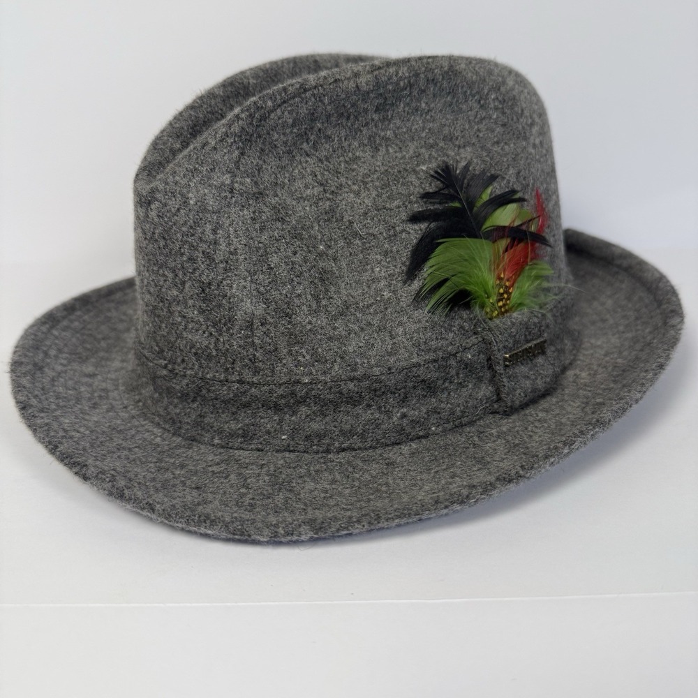 Vintage Stetson Felt Fedora Hat Size 7 1/8 Gray‎ Feather Accent Preppy Polished